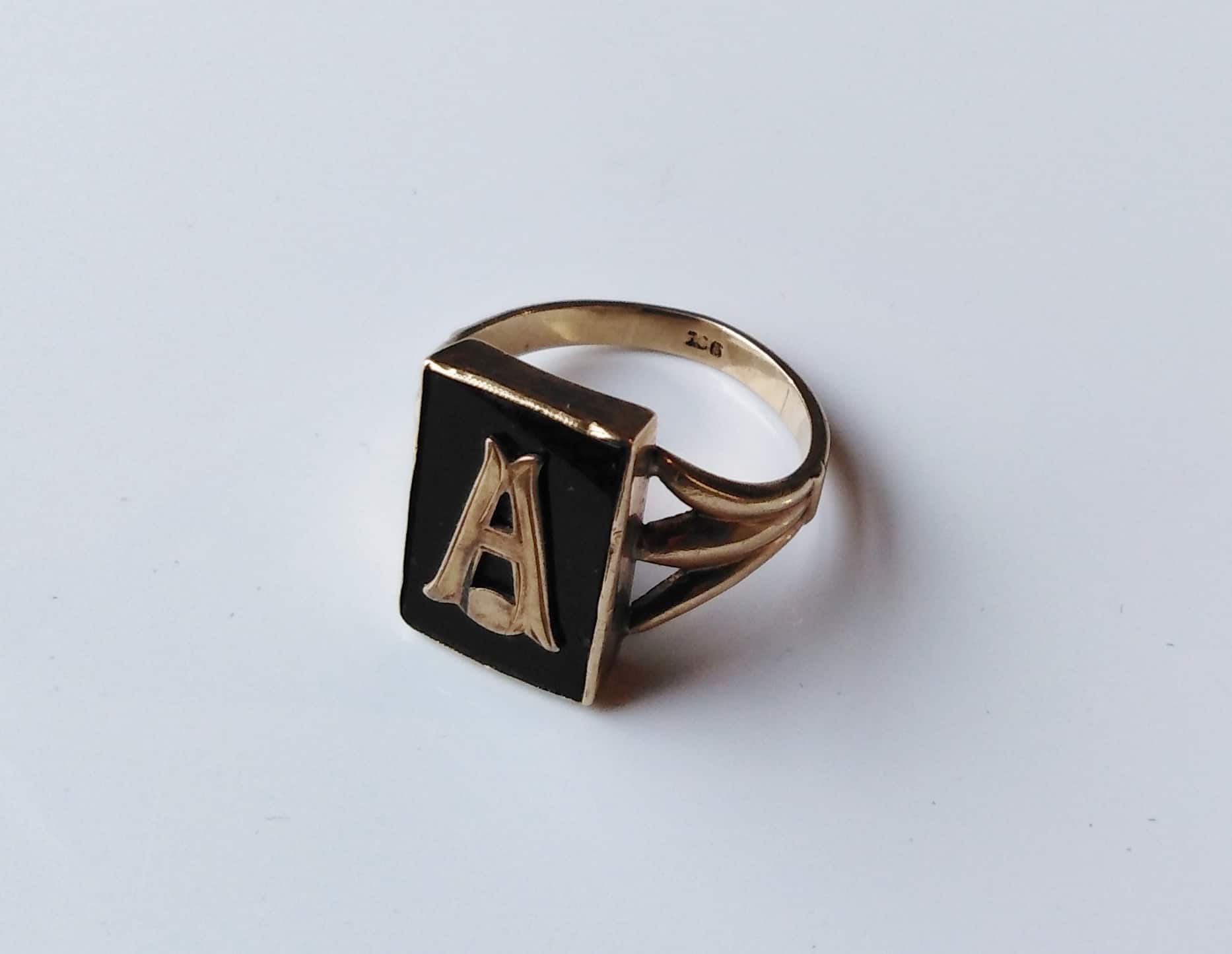 Vintage “A” Over Onyx Signet Ring